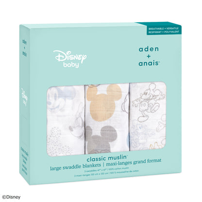 出産祝いギフト ディズニー ベビーギフト aden + anais エイデンアンドアネイ オーガニックコットン100% モスリン ダブルガーゼ おくるみ ミッキー&ミニー デイズニーベビーコレクション 3枚