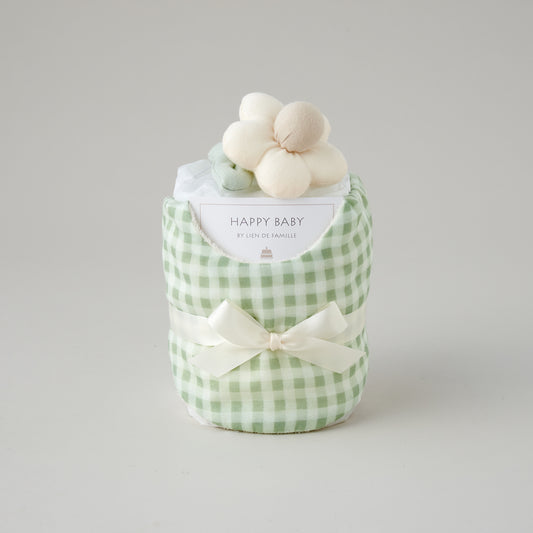 出産祝いギフト ギンガムチェックスタイとお花のラトルベビーケーキ Lien de famille グリーン ピンク