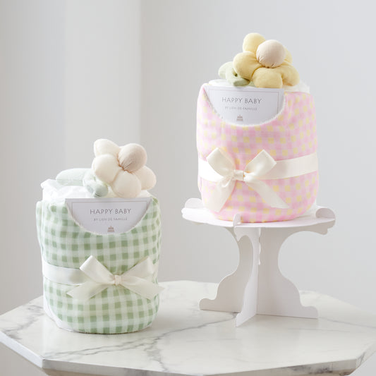出産祝いギフト ギンガムチェックスタイとお花のラトルベビーケーキ Lien de famille グリーン ピンク