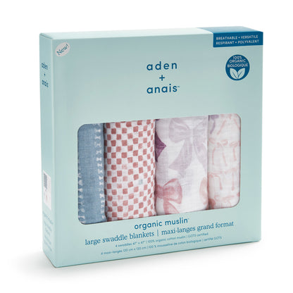 出産祝いギフト ベビーギフト aden + anais エイデンアンドアネイ オーガニックコットン100% モスリン ダブルガーゼ おくるみ スワドル 4枚セット リボン