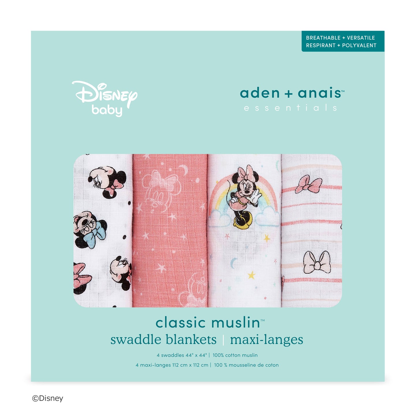出産祝いギフト ディズニー ベビーギフト aden + anais エイデンアンドアネイ オーガニックコットン100% モスリン ダブルガーゼ おくるみ ミニー デイズニーベビーコレクション 4枚