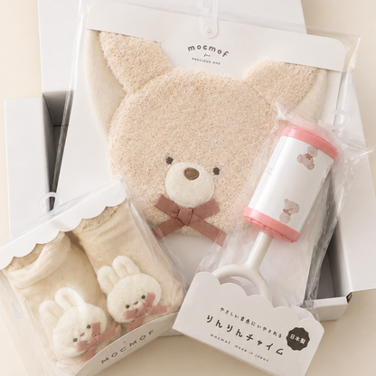 出産祝いにおすすめ mocmof モクモフ 靴下とスタイとガラガラのギフトセット うさぎ ホワイト